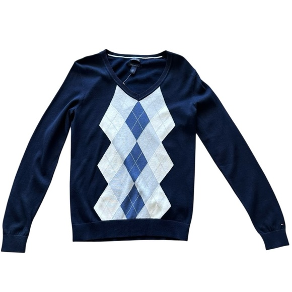 Tommy Hilfiger Women’s Navy Blue V-Neck Argyle Sweater Size M NWT - Picture 2 of 11